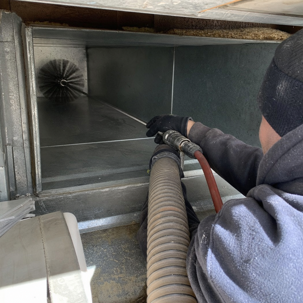 Technician using a rotary brush and vacuum for air duct cleaning in Tonawanda, NY