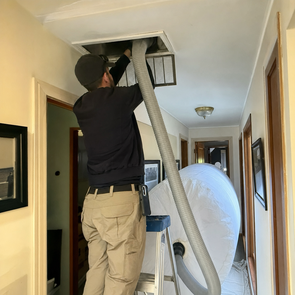 Professional technician performing residential air duct cleaning service in a hallway