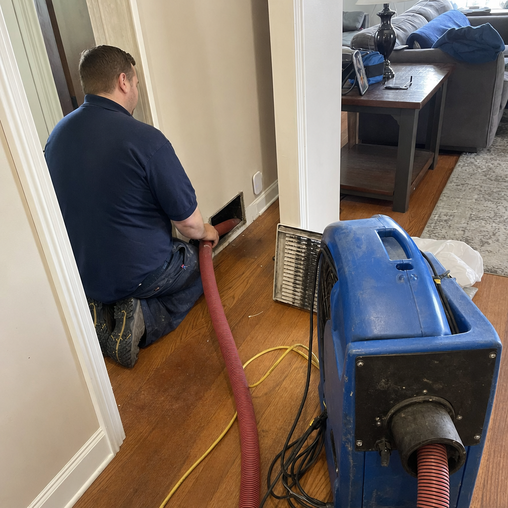 Technician using vacuum equipment to perform professional residential air duct cleaning in Buffalo, NY