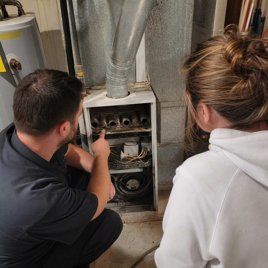 Technician performing professional furnace inspection for residential air duct cleaning in Buffalo, NY