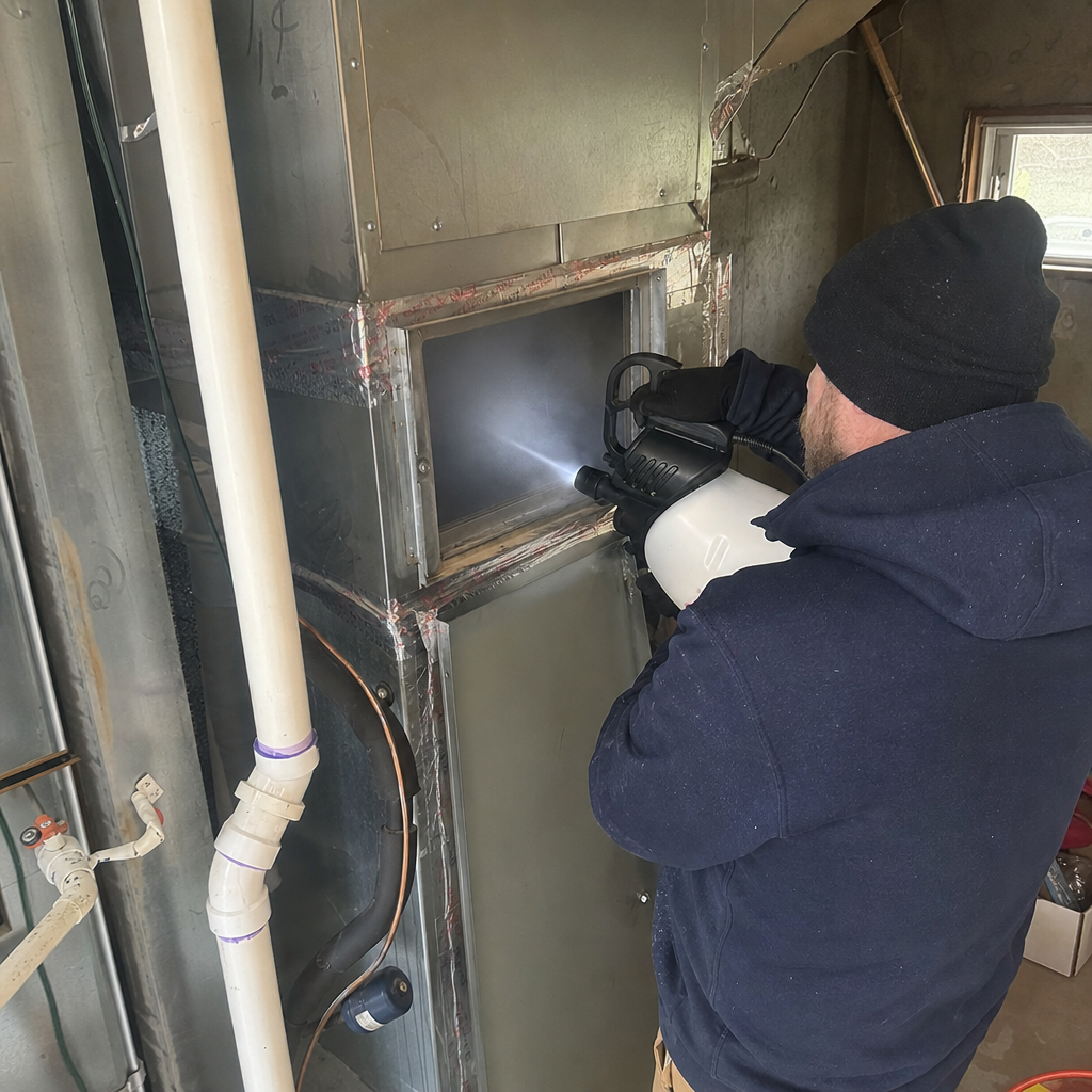 HVAC technician performing professional air duct sanitizing and cleaning service. in Buffalo, NY