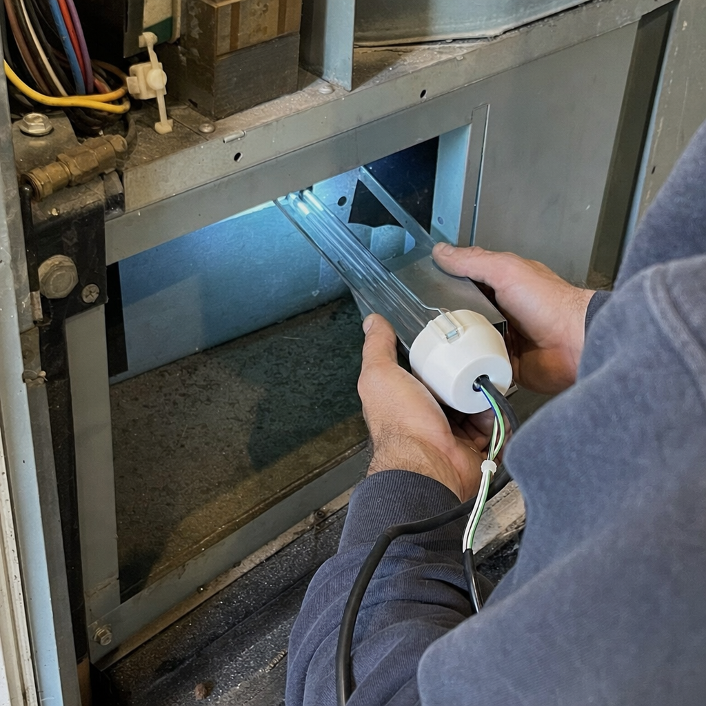Technician installing HVAC UV light system for air duct sanitization in Buffalo, NY
