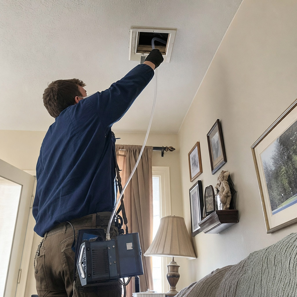 Technician performing professional air duct cleaning and sanitizing service in Boston, NY