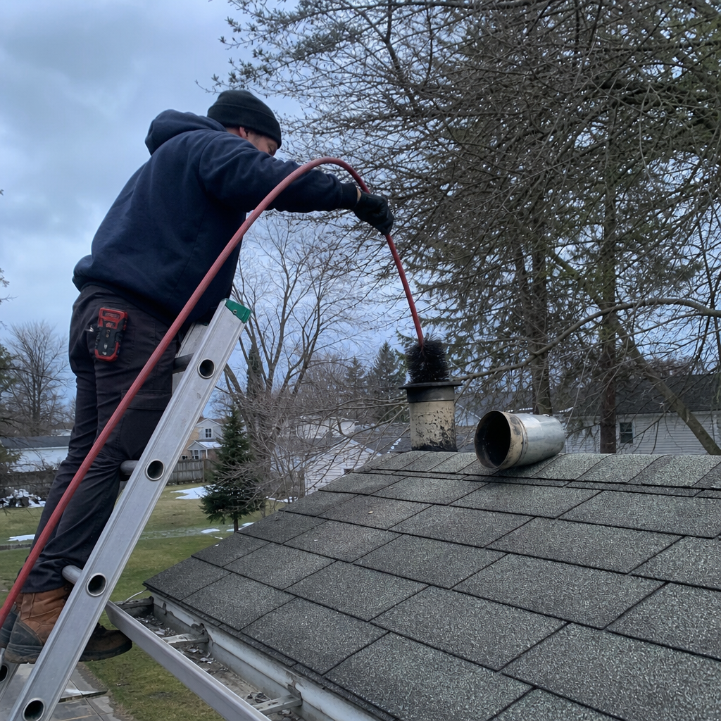Professional technician performing dryer vent cleaning on a residential roof in Buffalo, NY