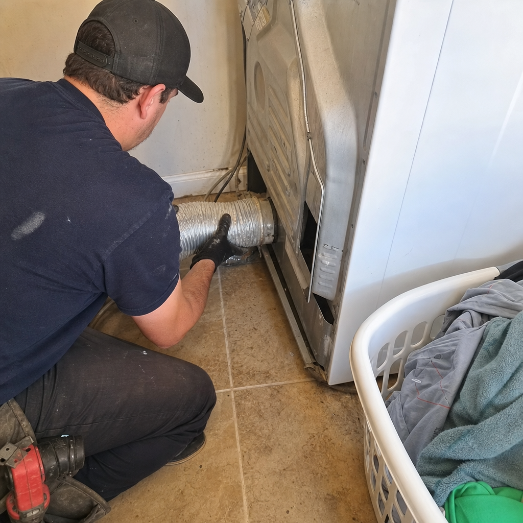 Technician performing professional dryer vent cleaning services on a home dryer in Buffalo, NY