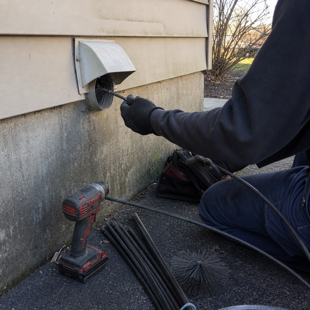 Technician using professional tools for dryer vent cleaning service in Amherst, NY
