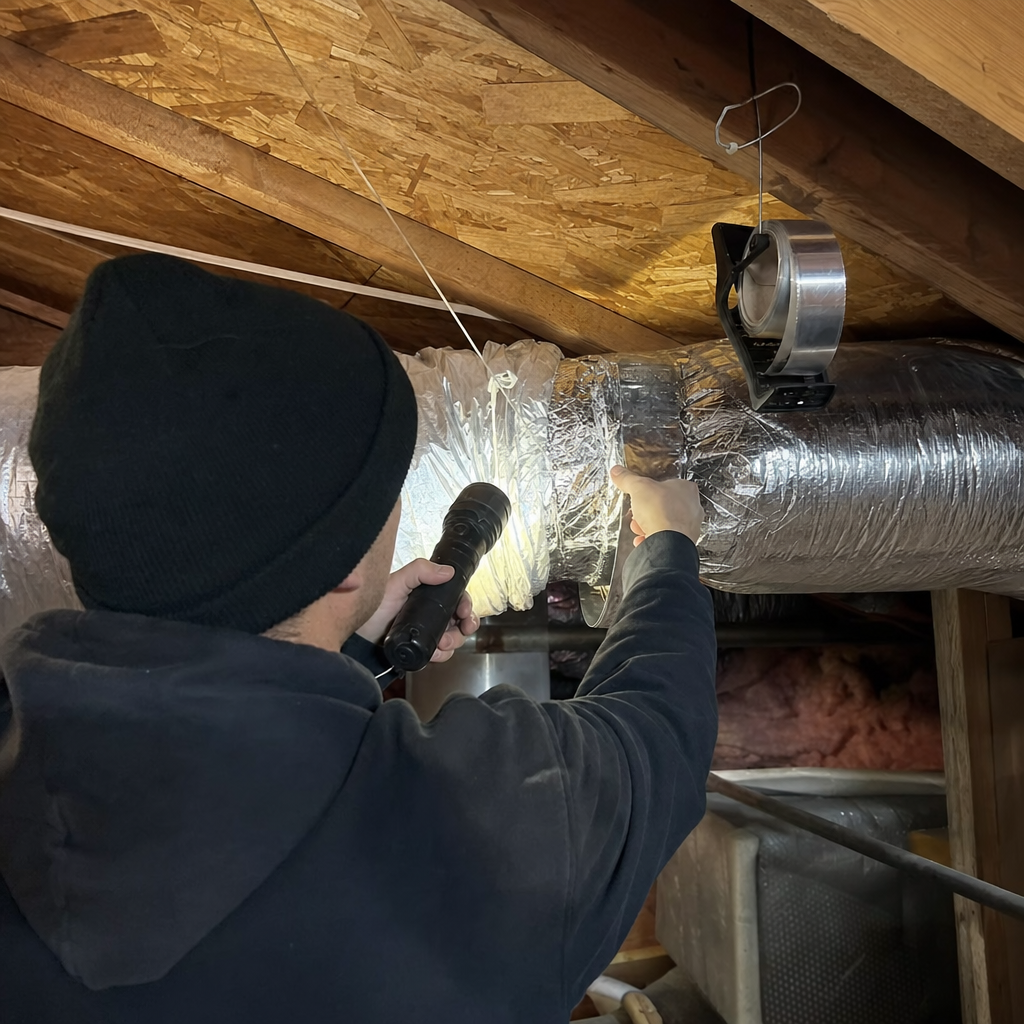 HVAC technician performing professional air duct repair and sealing in an attic in Buffalo, NY