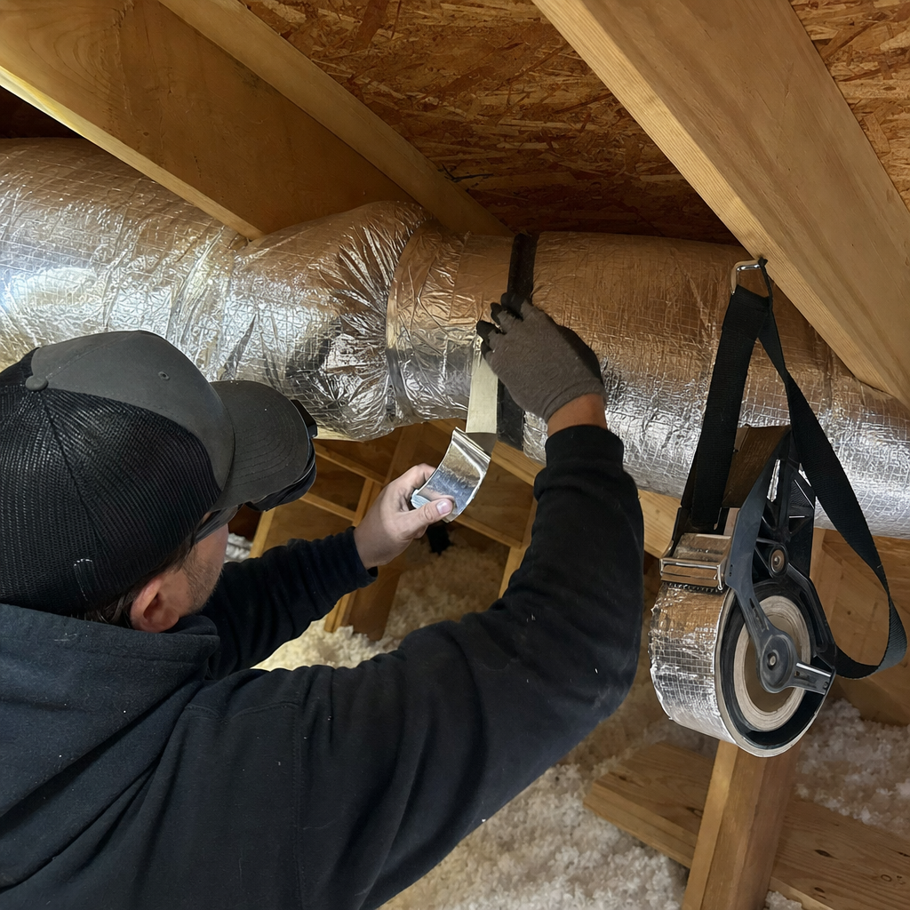 Technician sealing flexible HVAC air duct with foil tape in attic in Lockport, NY