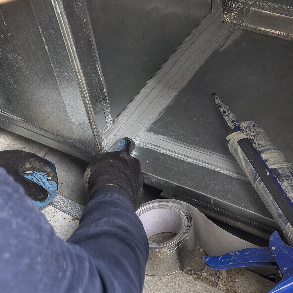 Technician using sealant to repair and seal metal HVAC air ducts in Lockport, NY