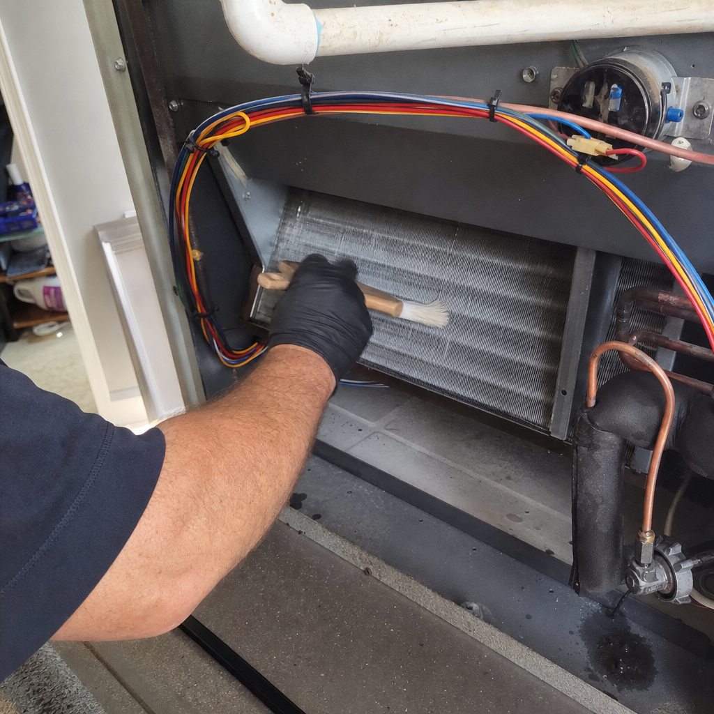 Technician cleaning HVAC evaporator coils with a brush in Buffalo, NY