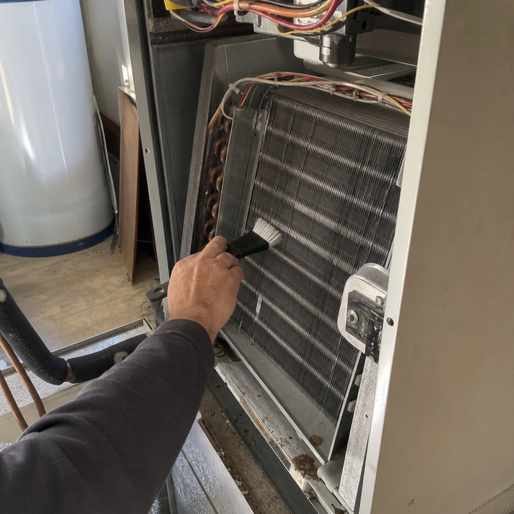 HVAC technician cleaning dusty evaporator coils in a residential system in Buffalo, NY