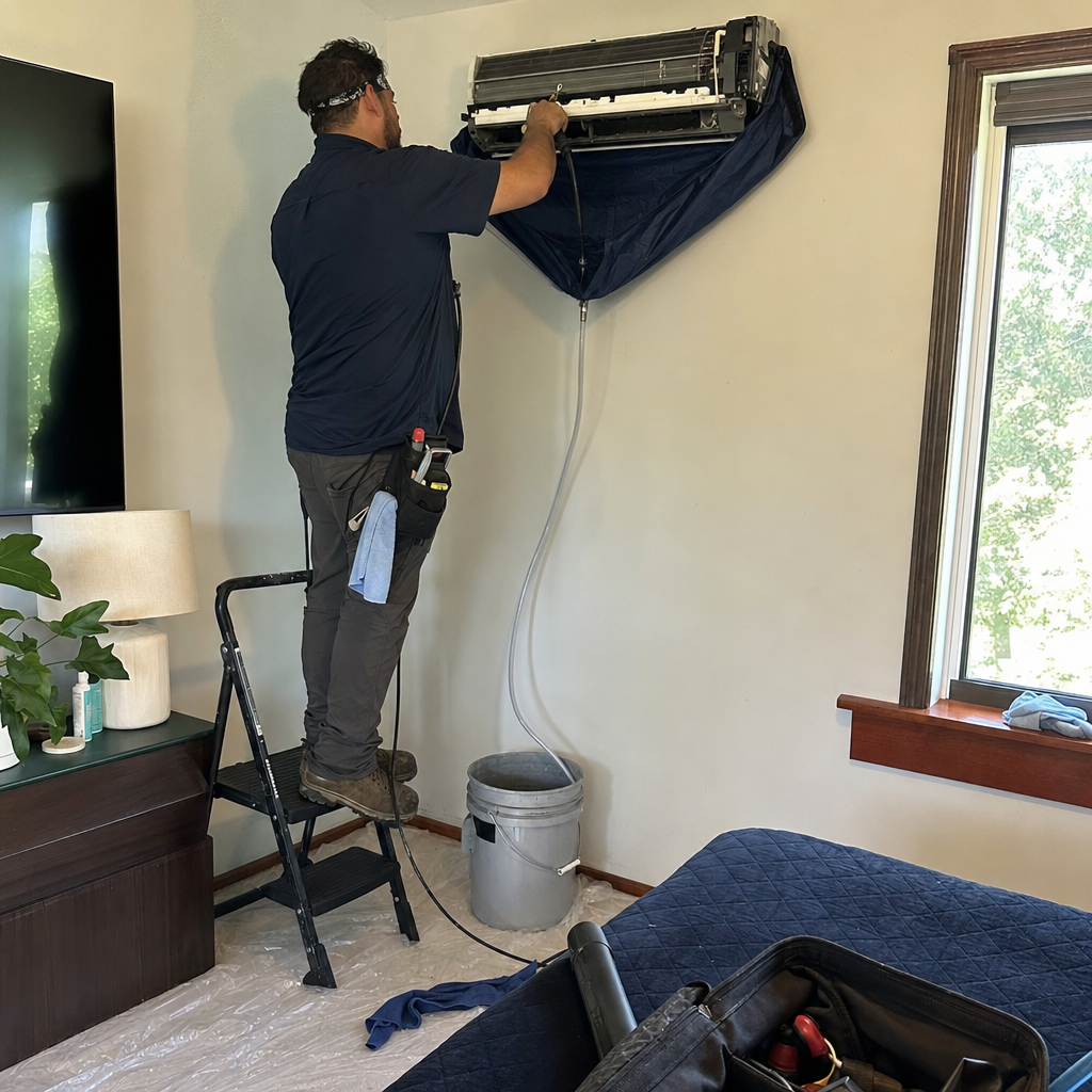Technician performing professional indoor HVAC unit cleaning and maintenance